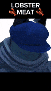 a person wearing a blue hat and scarf with the words lobster meat below them