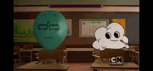 a cartoon character in a classroom with a sign that says cn on it