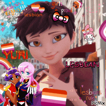 a picture of a girl with the word lesbian on her face