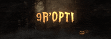 a sign that says 9r'opti on it in a dark forest