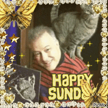 a picture of a man and a cat with the words happy sunday on the bottom