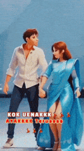 a man in a white shirt and a woman in a blue dress hold hands