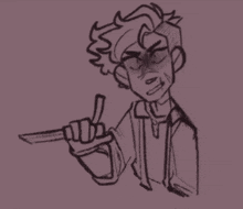a drawing of a man in a suit holding a knife and giving the middle finger