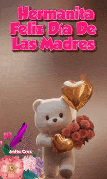 a teddy bear holding balloons with the words hermanita feliz dia de las madres written above it