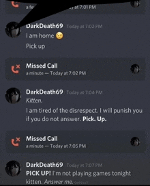 a screenshot of a discord conversation between dark death 69 and missed call