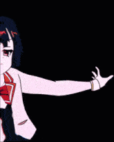 a girl with orange hair and red eyes is wearing a pink dress with polka dots