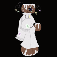 a drawing of a gingerbread man in a white dress with stars on his face
