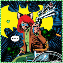 a cartoon of a woman in a wheelchair holding a gun with a speech bubble that says smile