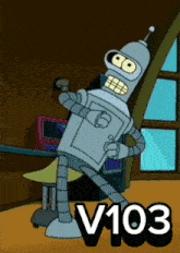 bender from futurama is standing in front of a computer with the number 103 on the bottom