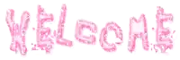 the word welcome is made up of pink glitter on a white background