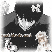 a picture of a boy and a doll with the name yoshida de cori on it