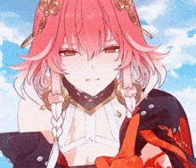 a girl with pink hair is wearing a white braided top