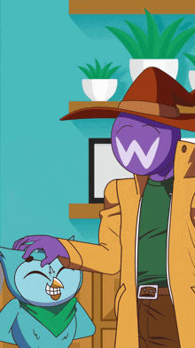 a purple cartoon character with a w on his face