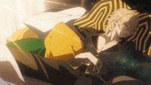 a drawing of a person laying on a bed with a yellow and black striped blanket