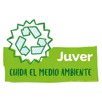 a green sign with a recycle symbol and the word juver