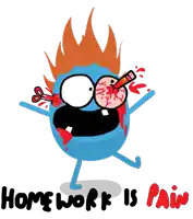 a cartoon character with blood on his face and the words homework is pain below it