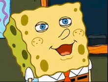 a cartoon of spongebob squarepants with blue eyes and a red tie .
