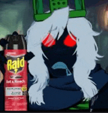 a cartoon character holding a raid ant & roach spray