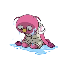 a pink cartoon character is sitting in a puddle
