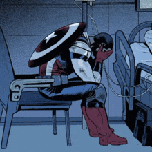 a cartoon of captain america sitting in a chair with his head in his hands