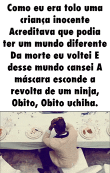 a man is sitting at a table with a quote in portuguese