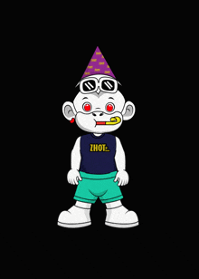 a cartoon character is wearing a party hat and shorts and has the word shot on his shirt