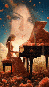 a woman in a long dress is playing a piano