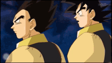 a cartoon of goku and vegeta standing next to each other with japanese writing on the bottom