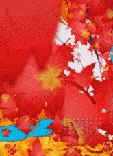 a drawing of a person with red and yellow leaves on a blue background