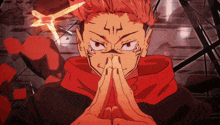 a cartoon character with red hair is praying with his hands folded in front of his face