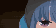a close up of a girl 's face with blue hair and a purple eye