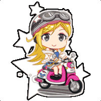 a cartoon girl is riding a pink scooter with goggles on .
