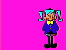 a cartoon girl with blue hair is standing on a pink background