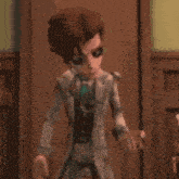 a cartoon character in a white suit and tie is standing in front of a wooden door .