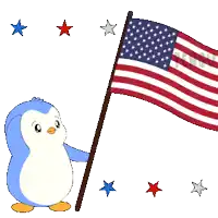a penguin holding an american flag with stars around it