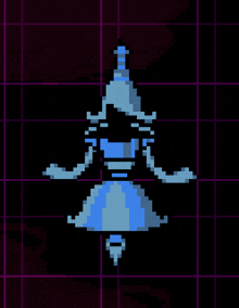 a pixel art of a woman in a blue dress and hat