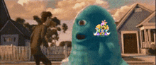 a cartoon of a blue monster standing in front of a white picket fence
