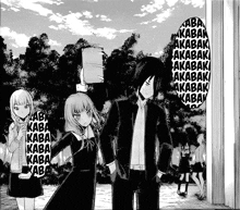 a black and white drawing of a man and two girls standing next to each other with kaba written on the wall behind them