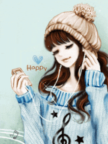 a girl wearing headphones and a beanie is holding a cell phone with the word happy above her