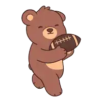 a brown teddy bear holding a football with a stitched pattern