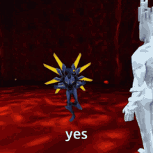 a statue of a man standing next to a robot that says yes on it