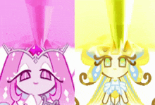a pink and a yellow cartoon character with a crown on their head
