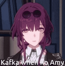 a purple haired anime girl wearing sunglasses and a tie is talking .