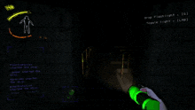 a person holding a green flashlight in a dark room with the words drop flashlight on the wall
