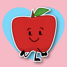 a red apple with a green leaf and arms and legs