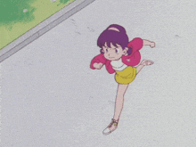 a girl with purple hair and a pink jacket is running on a sidewalk