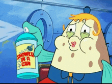 a cartoon character is holding a can that says shower in a can