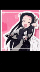 a cartoon of a girl with long black hair and a butterfly on her back .