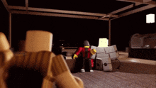 a cartoon character is standing in a dark room with boxes on the floor