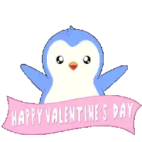 a happy valentine 's day banner with a penguin holding two pink hearts